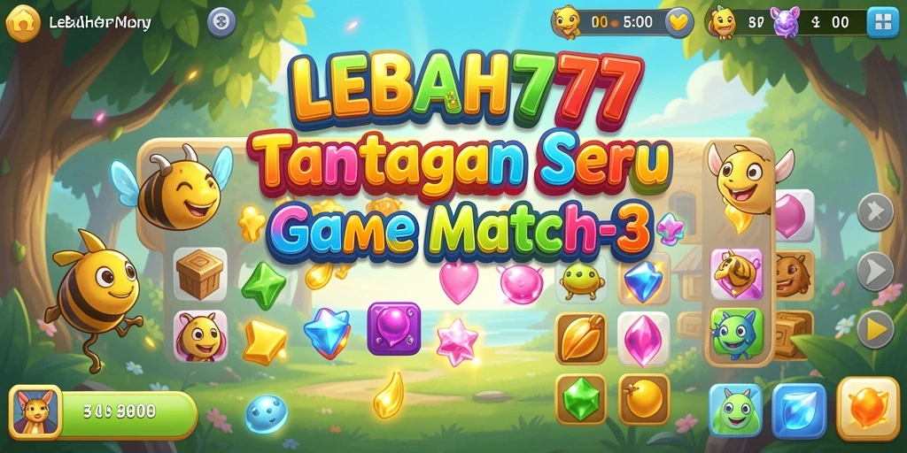 Gameplay LEBAH777 menampilkan kombinasi warna cerah dan tantangan Match-3 yang menyenangkan.