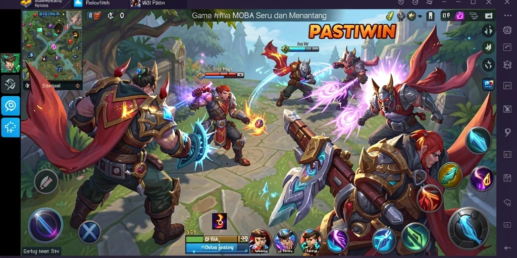 Tampilan screenshot utama PASTIWIN menampilkan aksi gameplay MOBA yang seru.