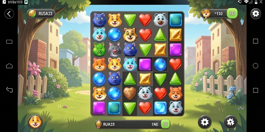 Tampilan gameplay RUSA33 dengan aksi mencocokkan permata yang seru.
